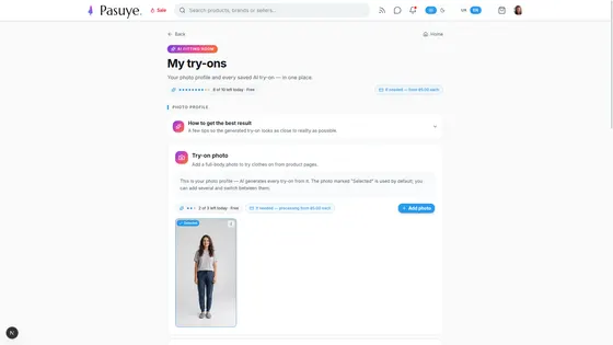 Your photo profile for the fitting room, and how many try-ons are left today.