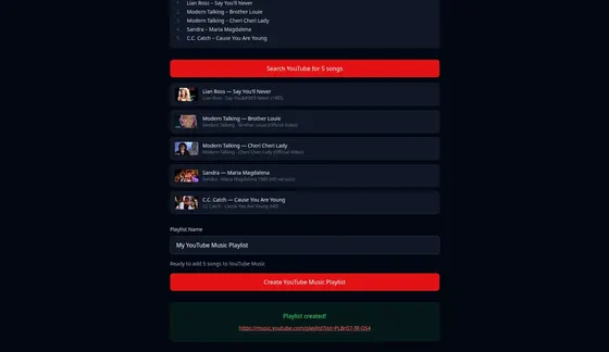 It finds each track on YouTube, and then builds the playlist.