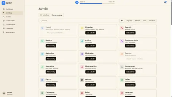 The catalog you add from: languages, sport, reading, music.