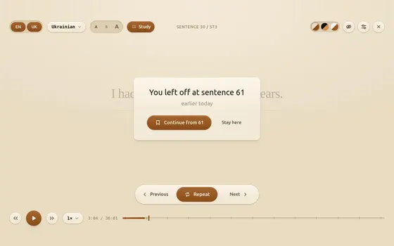 It remembers the sentence you stopped at, and offers to take you back to it.