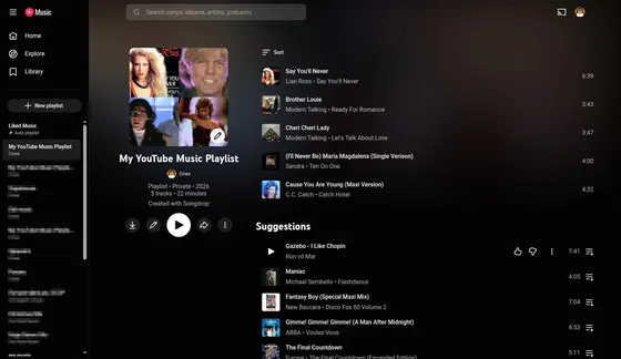 The finished playlist inside YouTube Music, made from that list.
