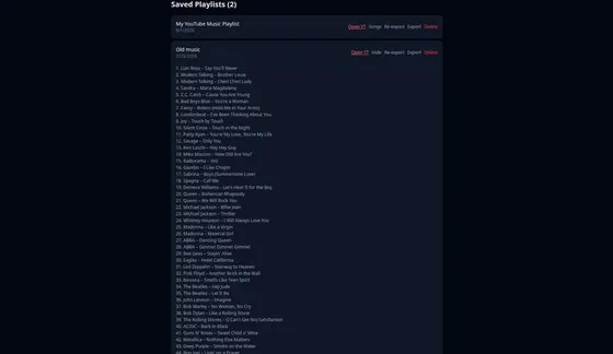 Every playlist you made stays here, with all its songs. Open one, export it, or build it again.