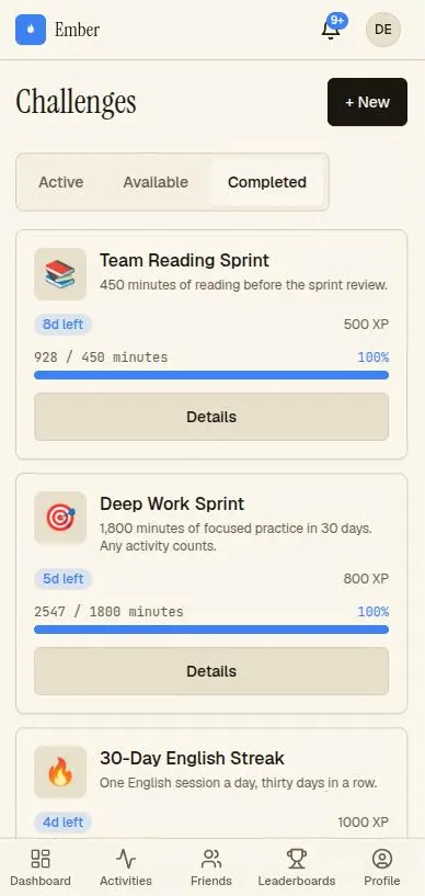 Challenges you have finished, with the minutes you actually did.