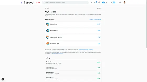 Bonuses are kept per shop, and earned by writing reviews.