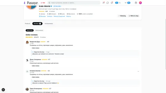 Reviews about the shop itself, and the shop’s replies to them.