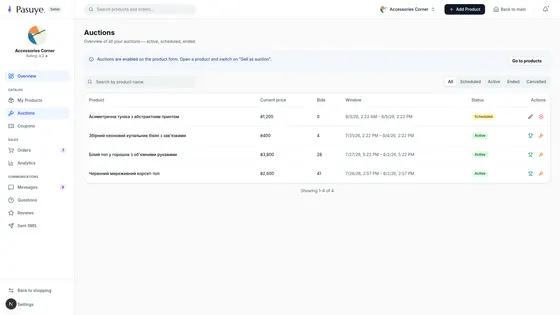 The seller’s auctions: scheduled, live, and finished.