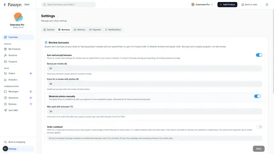 The seller sets their own bonus rules, and their own cashback.