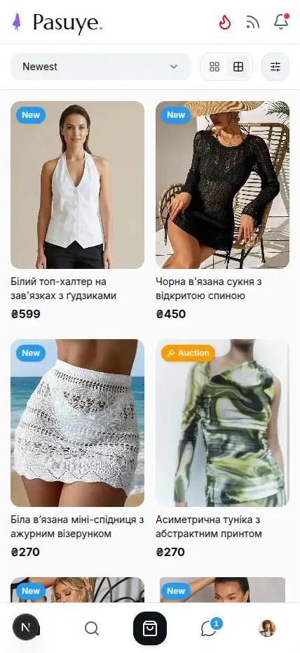 The same shop on a phone. Two products to a row.