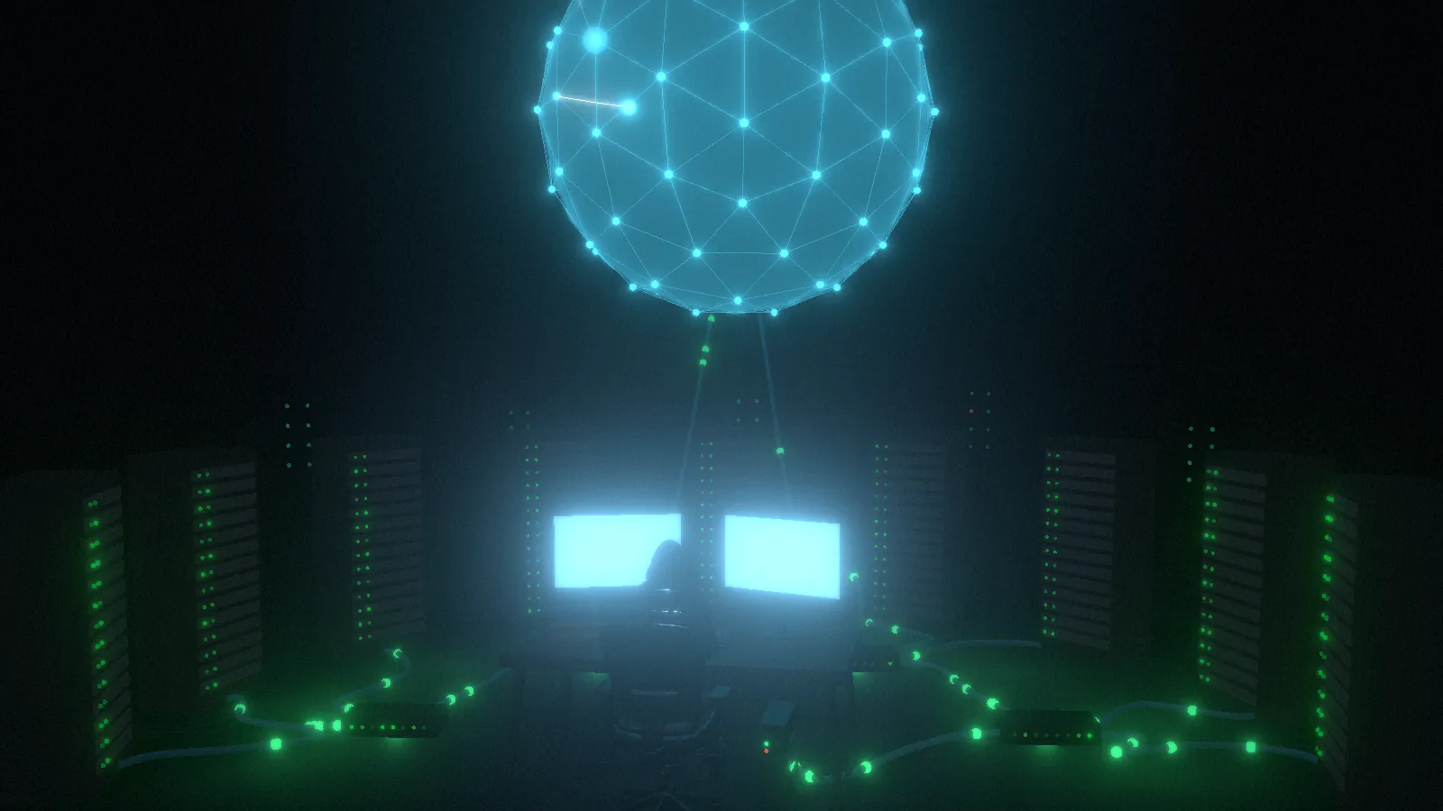 A dark server room. Racks of green status lights along both walls, a figure at a desk between two bright monitors, cables running across the floor, and a glowing wireframe globe above.